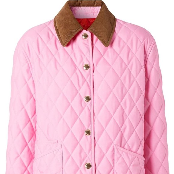 BURBERRY Diamond quilted jacket XS BUBBLE GUM Pink brown corduroy collar 🌟 HP - Picture 6 of 16